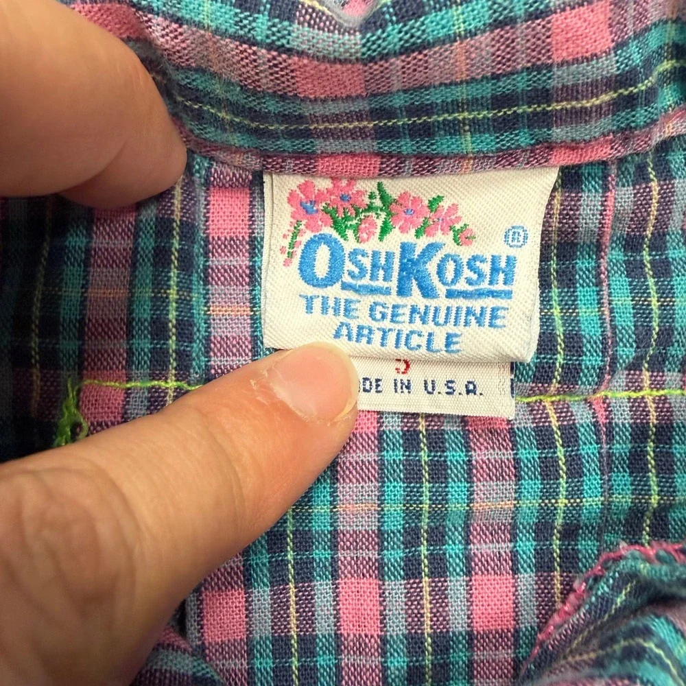 Vintage OshKosh Bgosh Girls Pink Teal Plaid Button Down Shirt Made in USA Size 5